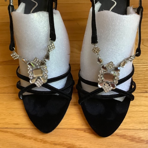 Nina Marmar Black Velvet Rhinestone High Heel Sandals SZ 39 - Picture 4 of 16